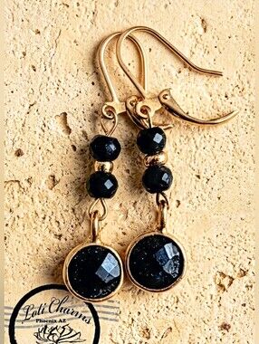 3.4 Genuine Dark Blue Sapphire And Sapphire Beads In Drop Down Earrings